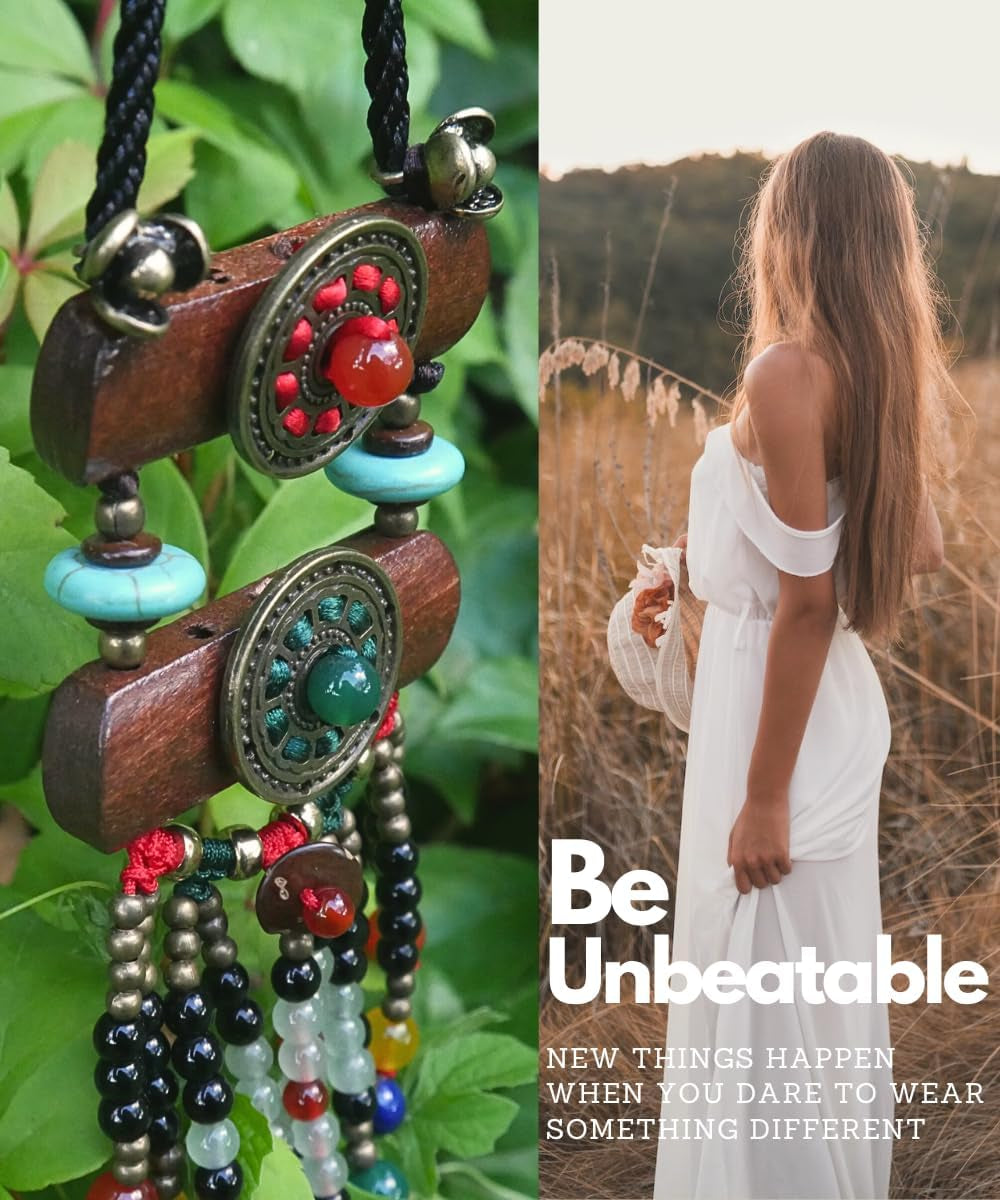 Bohemian-Style Long Beaded Necklace for Women Featuring Wooden Mala Beads and Tassel Accents