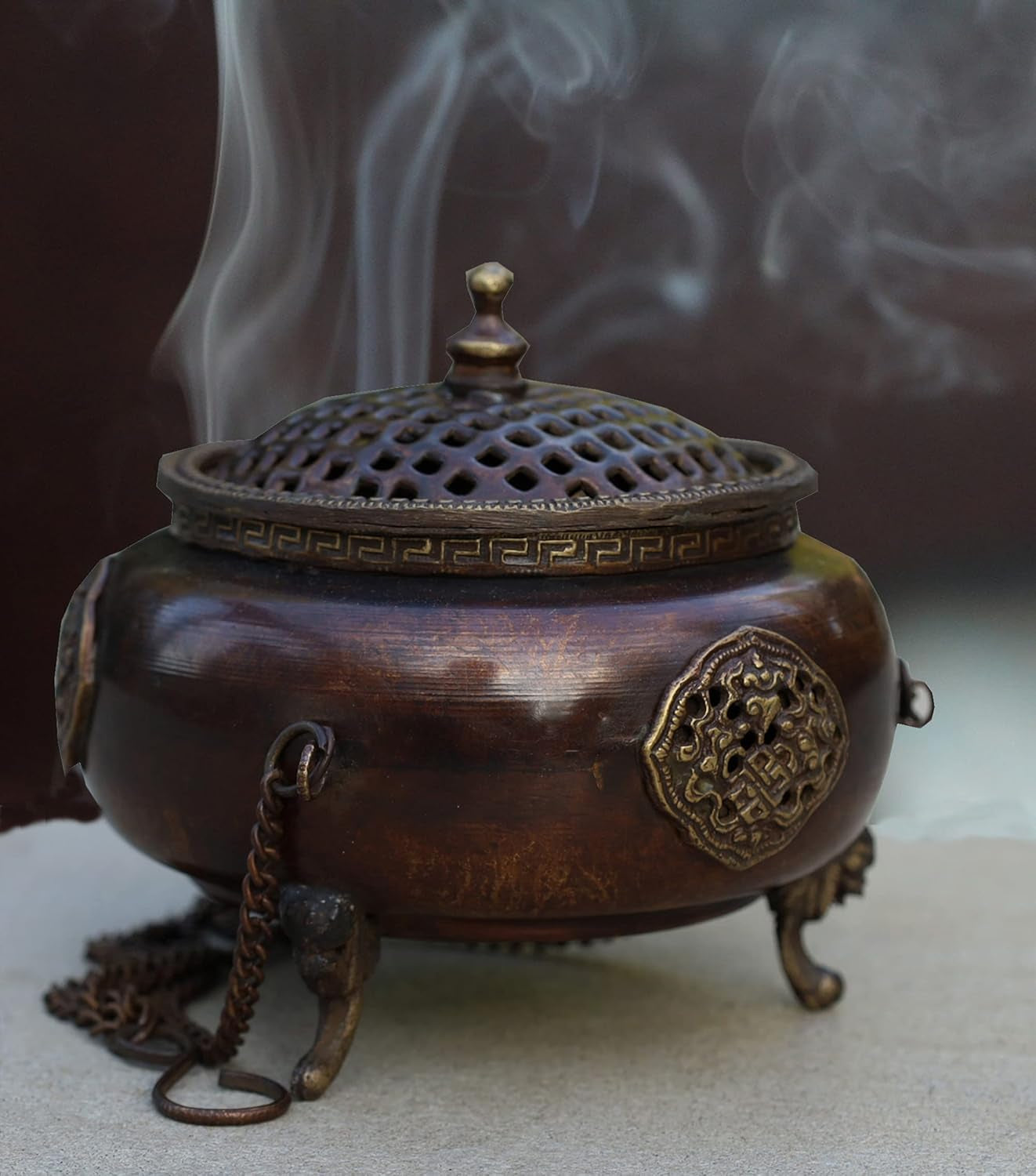 Traditional Tibetan Copper Hanging Incense Burner (6 x 4.5 x 4.5 Inches, Hanging 8)