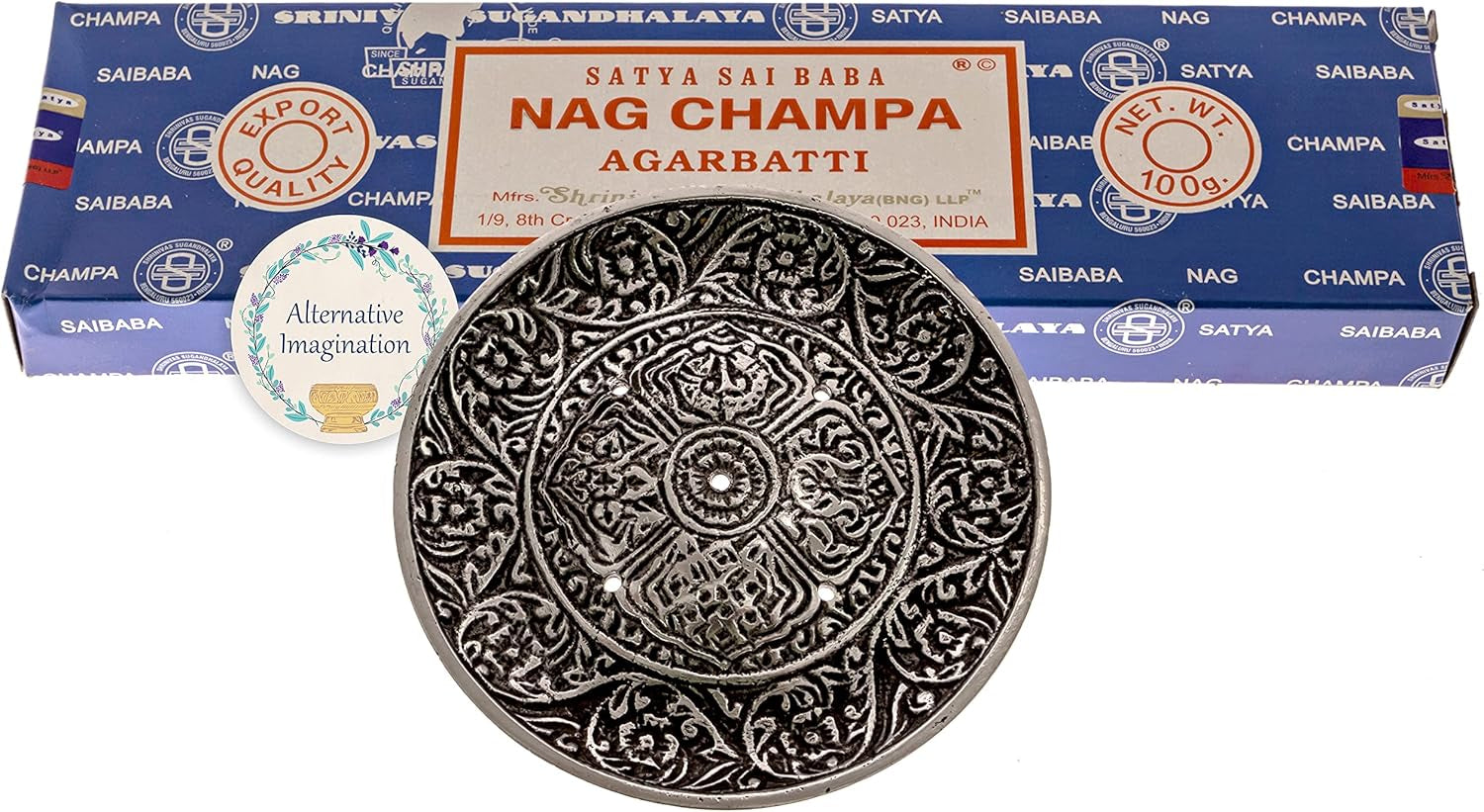 Nag Champa Incense Sticks with Tibetan Burner Holder - 100 Grams of Satya Sai Baba Incense for Aromatherapy, Spiritual Gifting, and Elegant Home Decor