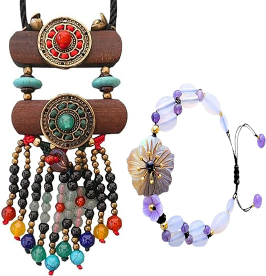 Bohemian-Style Long Beaded Necklace for Women Featuring Wooden Mala Beads and Tassel Accents