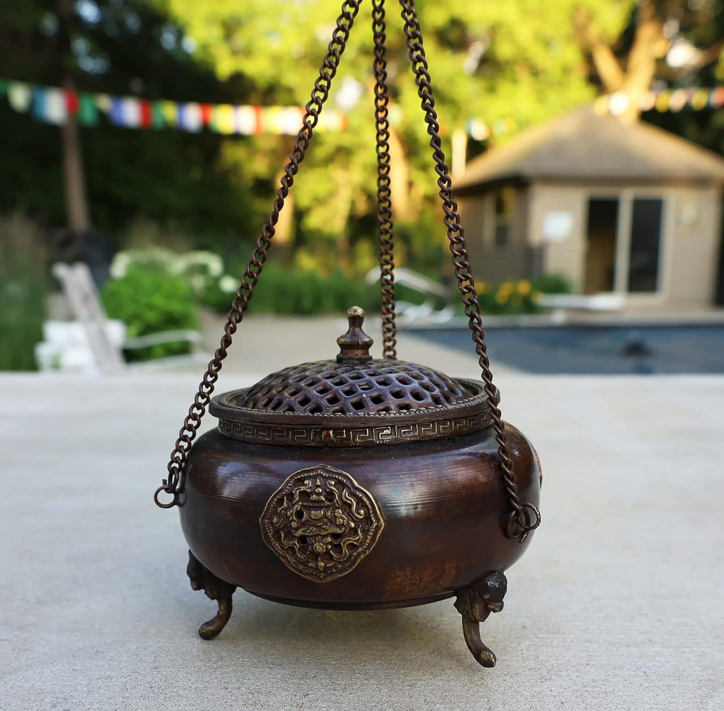 Traditional Tibetan Copper Hanging Incense Burner (6 x 4.5 x 4.5 Inches, Hanging 8)